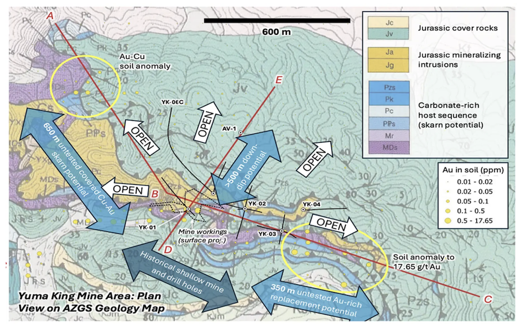 Geological map shows various colored zones with labeled features and anomalies at Corcel Exploration's Yuma King project