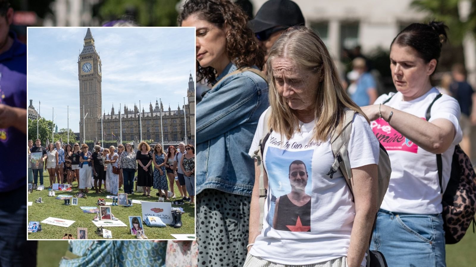 Bereaved parents lay children's shoes outside Parliament in protest of 'cliff-edge' state support