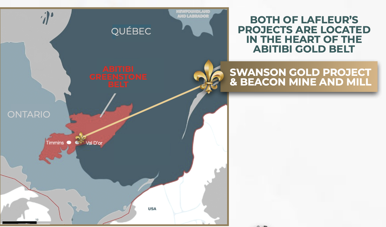 LaFleur Minerals' Swanson Gold Project and Beacon Mine and Mill location within the Abitibi Gold Belt in Quebec, Canada