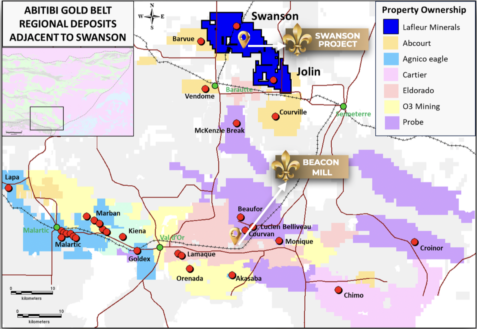 Regional map of the Abitibi Gold Belt in Quebec, Canada, highlighting LaFleur Minerals' Swanson Gold Project and the Beacon Gold Mill