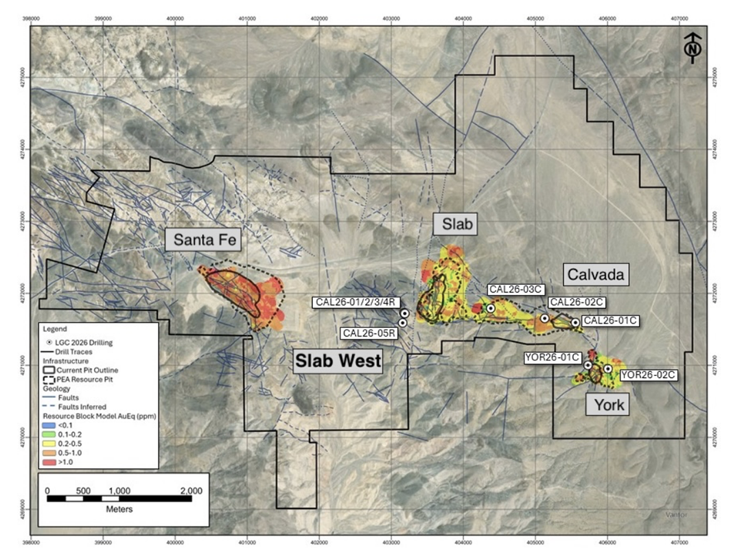 Lahontan Gold's drill hole location and geology map of the Santa Fe Mine project