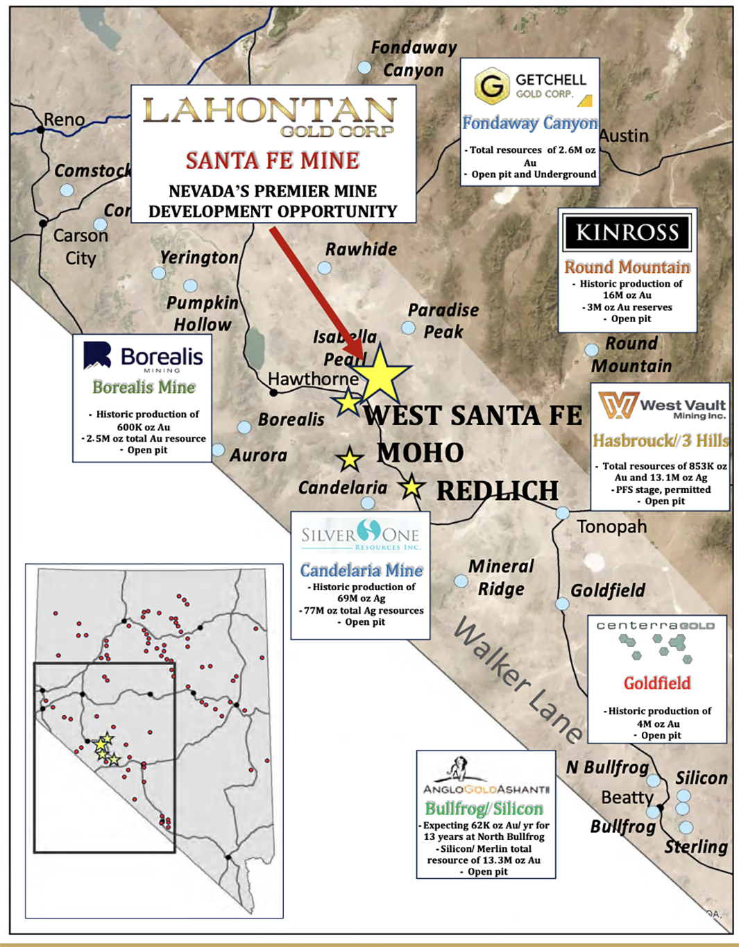 Map of Lahontan Gold project location with neighboring projects and owners
