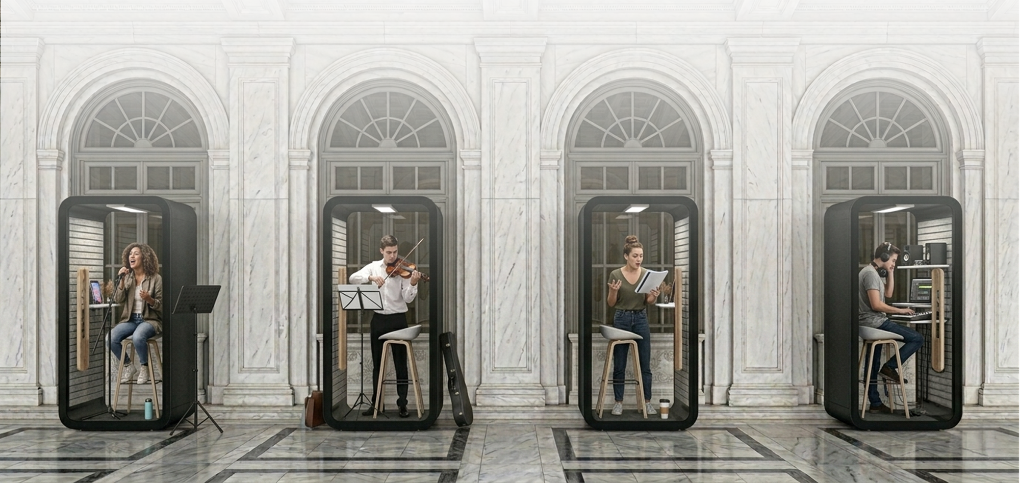 Cabines de trabalho estilo phone booth em corredor de mármore