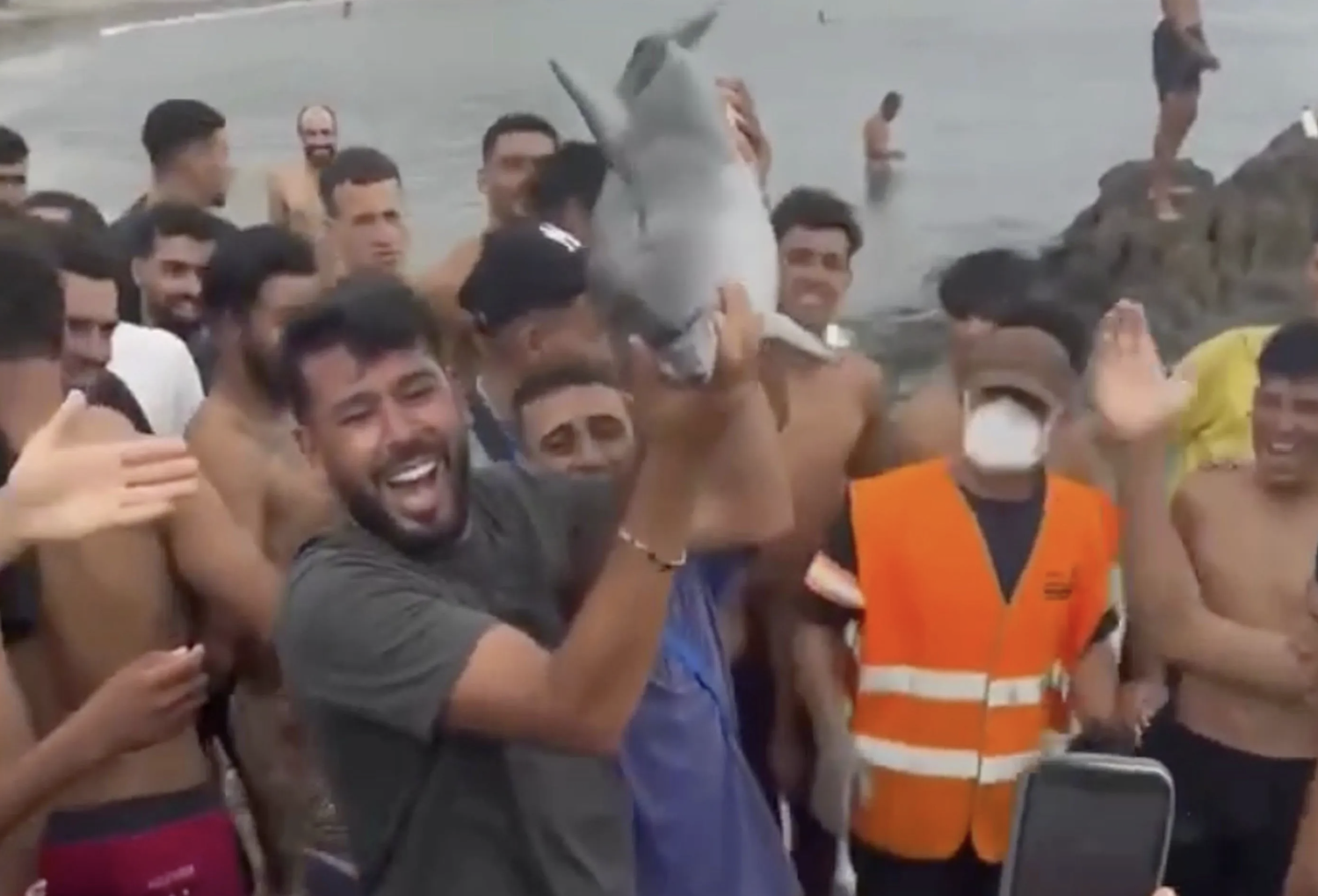 Illegal migrants in Ceuta triumphantly hold baby dolphin aloft after ‘whacking it over the head’ in horror attack