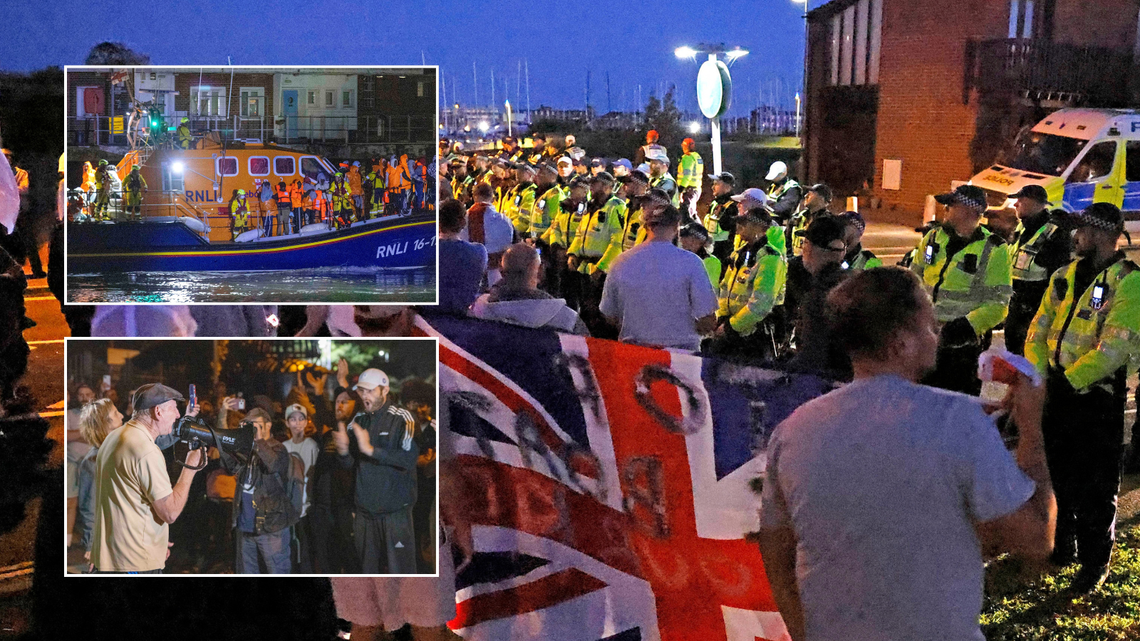 Anti-migrant protesters march in UK seaside town as Channel dinghy arrives on south coast