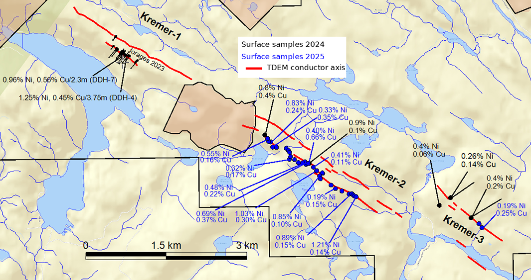 Overview of the prospective corridor showing Kremer-1, Kremer-2 and Kremer-3, TDEM conductor axes