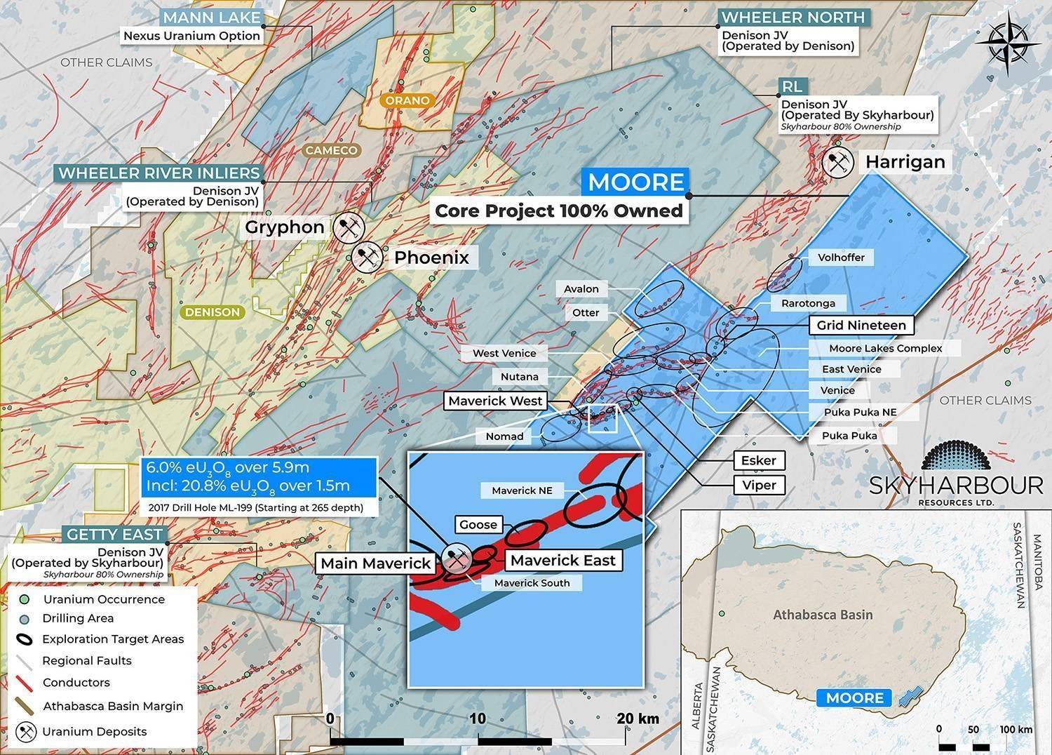 Geological claims and exploration map of Skyharbour Resources' Moore Uranium Project