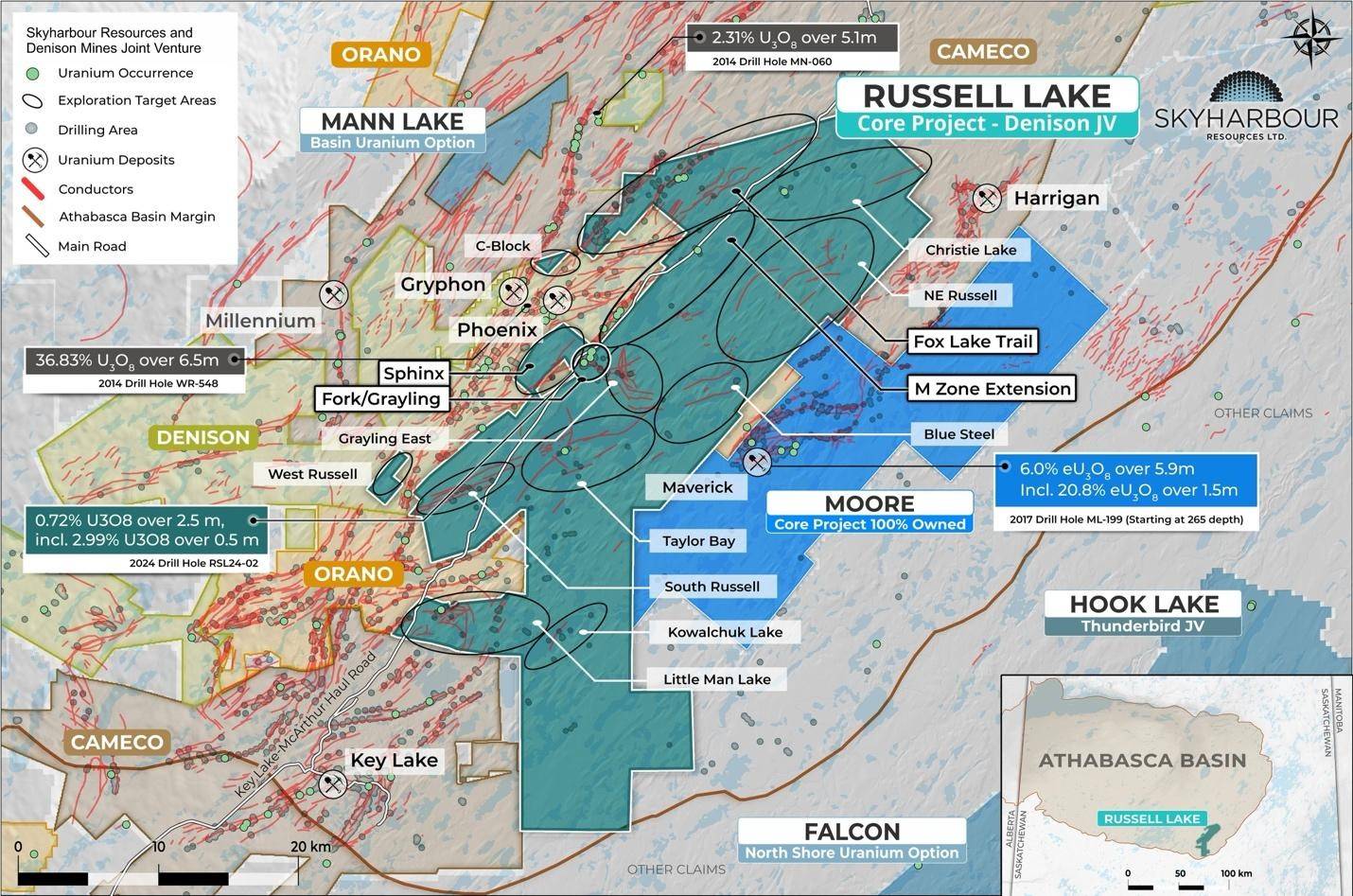 Skyharbour Resources' presentation map showing uranium exploration properties including Russell Lake, Moore and Mann Lake