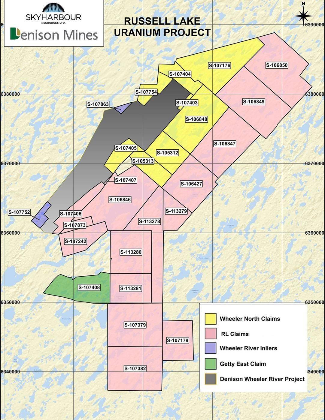 Claim map of the Russell Lake Uranium Project in the Athabasca Basin of northern Saskatchewan, Canada, jointly operated by Skyharbour Resources and Denison Mines