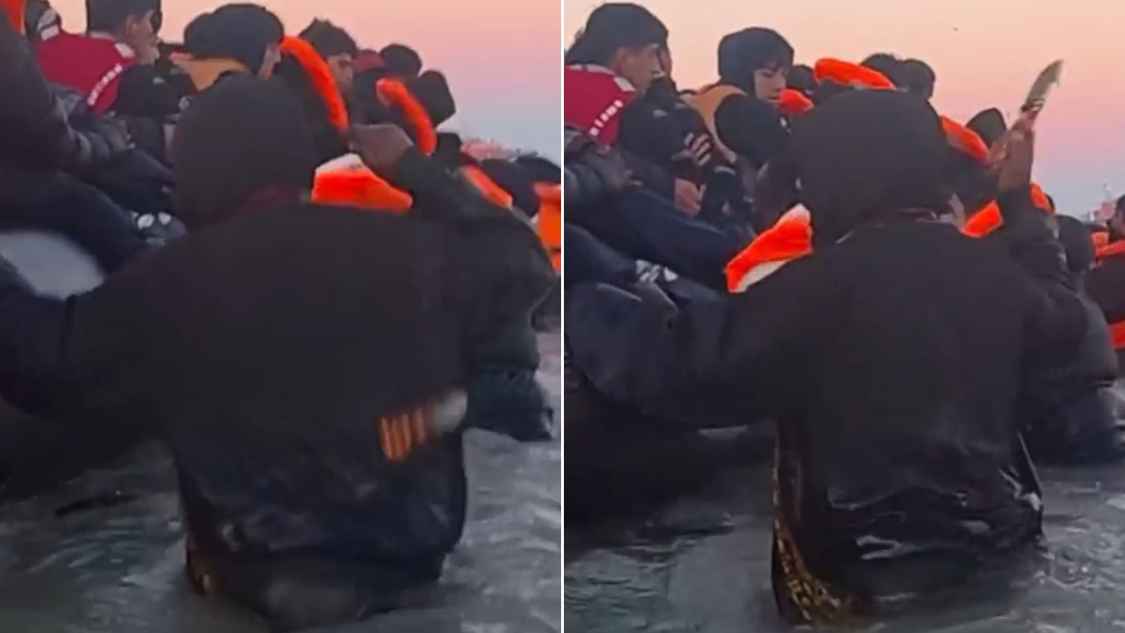 Knife-wielding migrant successfully climbs on small boat crossing Channel as he begins journey to Britain just seconds after shouting: 'I will kill you'