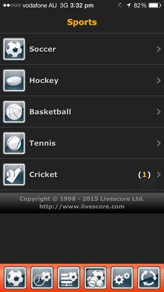 Screen grab of LiveScore showing a list of sports available