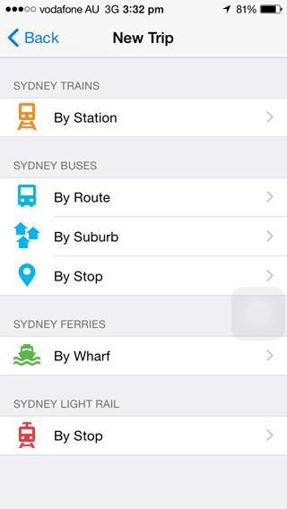 Screen grab of TripView showing a range of available transport options