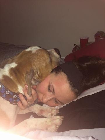 Russ the pit bull hugging his new mom, Kayla