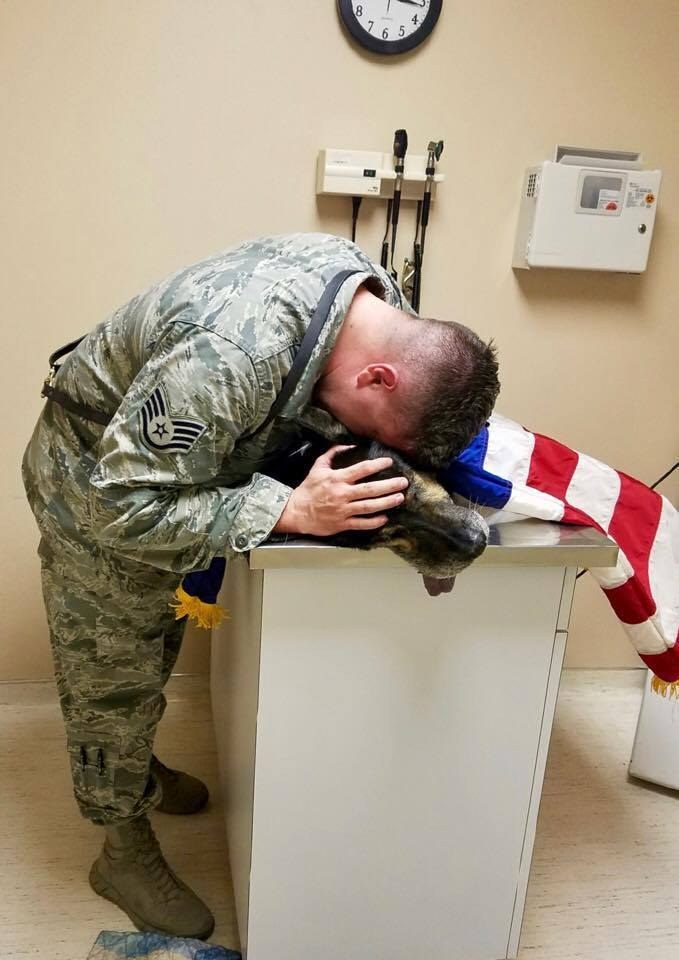 Solider Kyle Smith crying over the body of his beloved dog, Bodza, who once worked as a bomb detector for the u.s. air force.